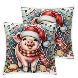 Ulloord Pig Throw Pillow Covers Lovely Animal Lettering Holly Jolly Christmas Bedding Decor Cozy Linen Washable Pack of 2 Outdoor Porch car,White Pink,