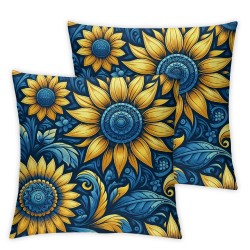 Ulloord Sunflower Throw Pillow Covers Floral Spring Country Blue Yellow Soft Velvet Fabric Washable Living Room Bedroom Dorm Indoor Cushion Cover Square