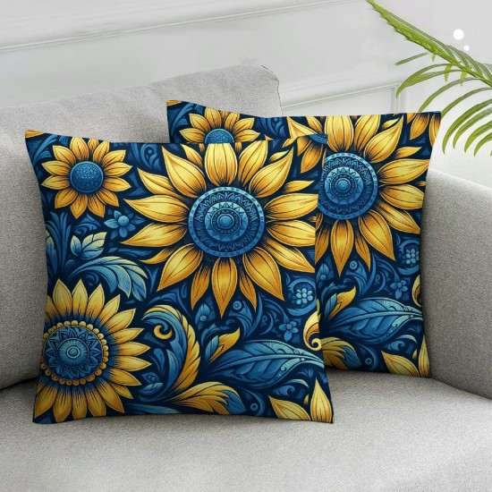 Ulloord Sunflower Throw Pillow Covers Floral Spring Country Blue Yellow Soft Velvet Fabric Washable Living Room Bedroom Dorm Indoor Cushion Cover Square