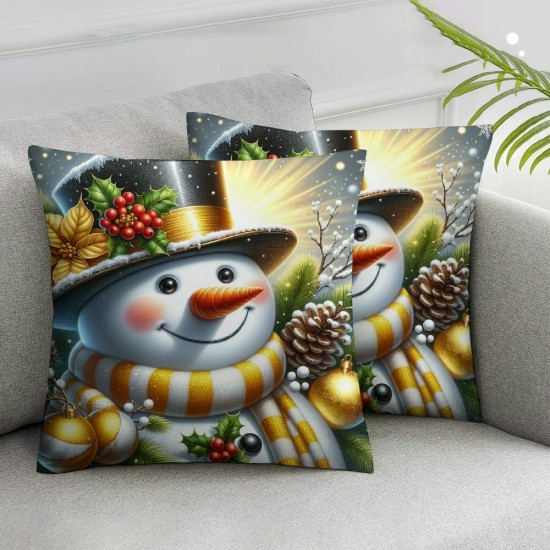 Ulloord Christmas Snowman Throw Pillow Covers Candles Christmas Balls Flower Wreath Gold Linen Cozy Washable Living Room Couch Bed Home Decor Cushion Cover