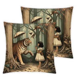 Ulloord Throw Pillow Covers Cute Girl and Tiger Animal Cartoon Woodland Bird Yellow Soft Velvet Square Teen boy Men Home Dorm Bedroom Sofa Bed Decor Cushion Cover