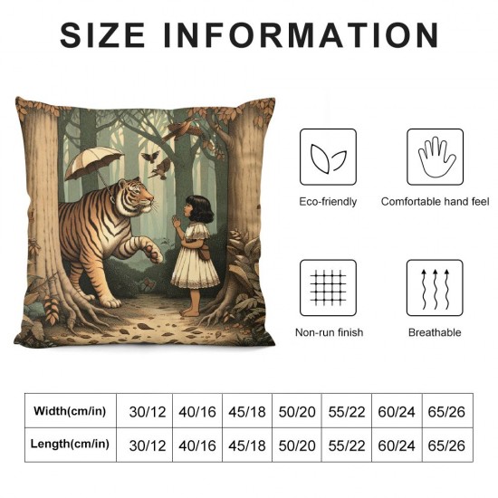 Ulloord Throw Pillow Covers Cute Girl and Tiger Animal Cartoon Woodland Bird Yellow Soft Velvet Square Teen boy Men Home Dorm Bedroom Sofa Bed Decor Cushion Cover