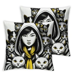 Ulloord Cute cat Throw Pillow Covers  Japanese Anime Girly Trendy Funny Animal Trendy Black Beige Soft Velvet Standard Size Bedroom Office Indoor Room Dorm Cozy Cushion Cover