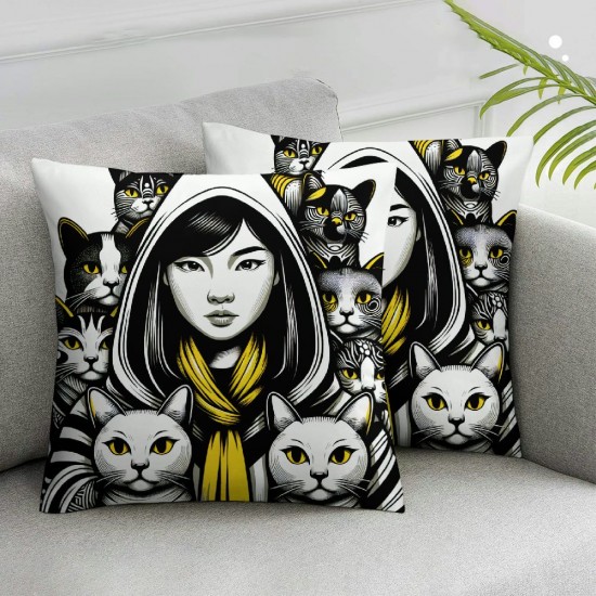 Ulloord Cute cat Throw Pillow Covers  Japanese Anime Girly Trendy Funny Animal Trendy Black Beige Soft Velvet Standard Size Bedroom Office Indoor Room Dorm Cozy Cushion Cover