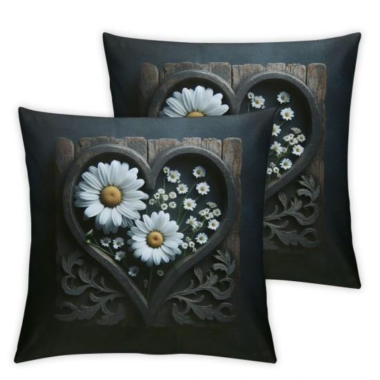 Ulloord Daisy Flower Throw Pillow Covers Country Retro Love Heart Plants Floral Green Soft Velvet Square Decor for Indoor Outdoor Home Patio Couch Sofa Cushion Cover