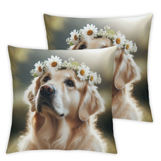 Ulloord Cute Dog Throw Pillow Covers Nature Animal Daisy Wreath Cottage core Oil Art Beige Soft Velvet Fabric washableroom Dorm Indoor Outdoor Decor Cushion Cover Square