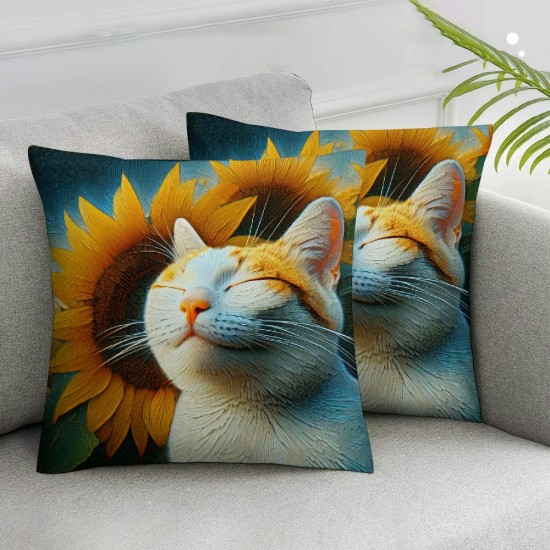 Ulloord  Spring Pillow Covers Orange Cat Sunflowers Throw Pillowcase Summer Home Sofa Bedroom Living Room Holiday Cushion Case Modern Decorations