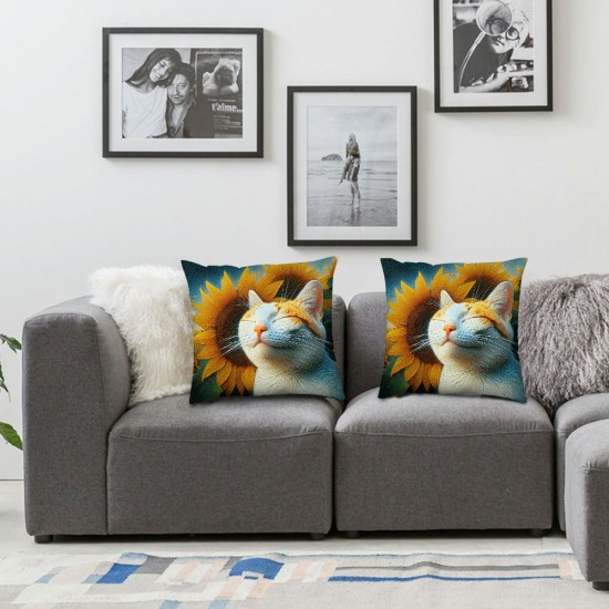 Ulloord  Spring Pillow Covers Orange Cat Sunflowers Throw Pillowcase Summer Home Sofa Bedroom Living Room Holiday Cushion Case Modern Decorations