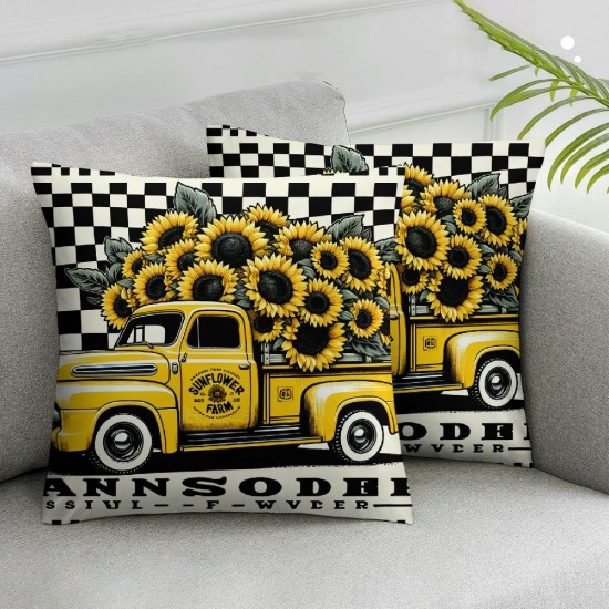 Ulloord  Sunflower Pillow Cover  Spring Summer Floral Truck Decorative Throw Pillow Case Buffalo Plaids Flower Home Sweet Home Cushion Cover for Home Office Farmhouse Sofa Decor,